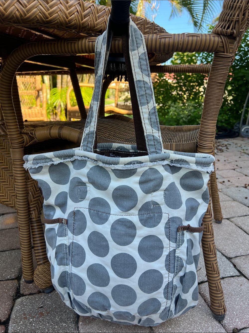 thirty-one Gray Polka Dot Canvas Tote with Brown Handles